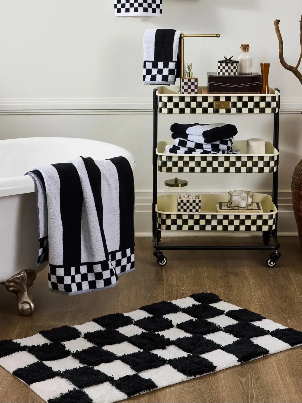 MACKENZIE CHILDS Checkerboard Black Bath Rug Plush Black & White